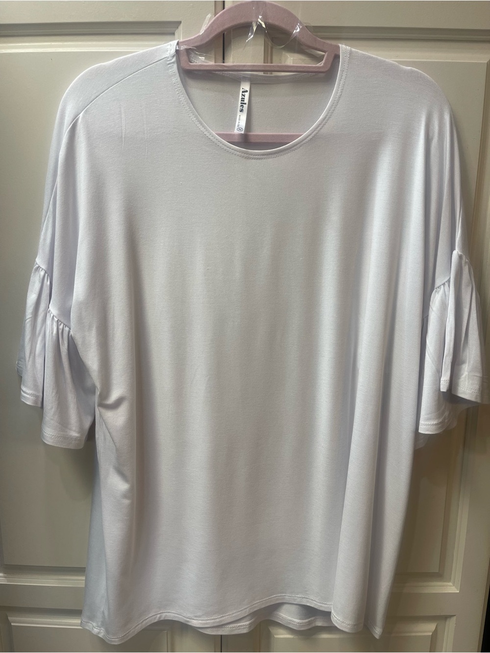 Azules Crisp White Crew Neck Flutter Ruffle Sleeve Tunic Blouse S M L XL